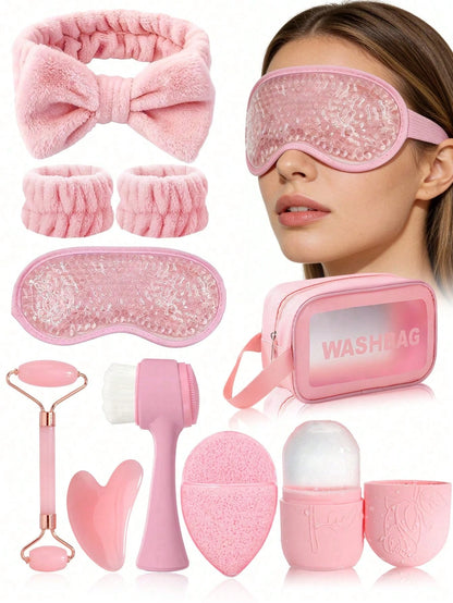 10 pcs Facial Beauty Care & Massage Tool Kit Combo - Face Massage Scraper, Roller, Face Ice Mold, Eye Hot/Cold Compress Mask, Facial Cleansing Brush, Sponge, Headband, Wristband, Toiletry Bag, Makeup Bag - Great Gift For Students, Moms, Sisters