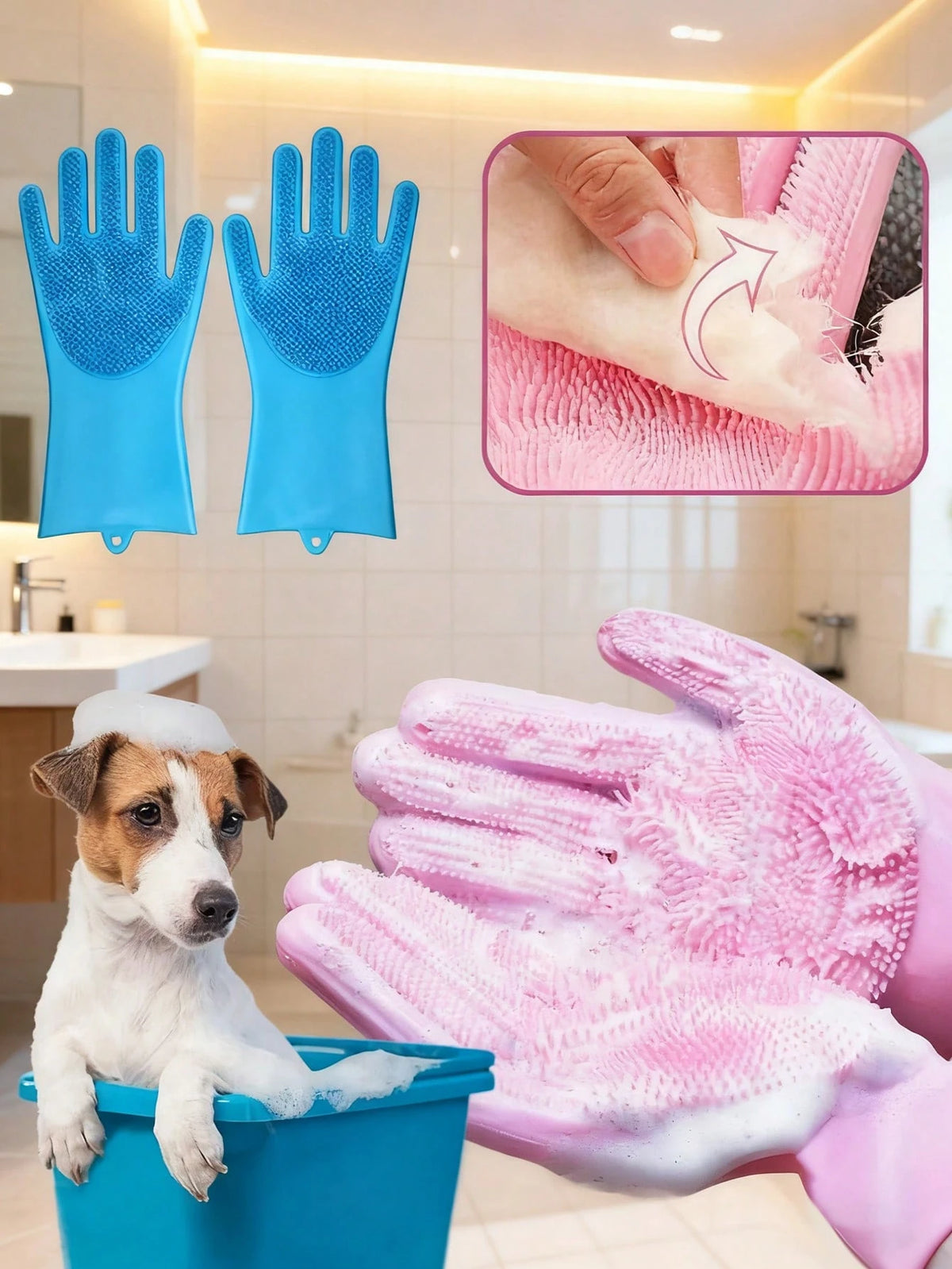 Pet Bathing Gloves For Cats And Dogs, Anti-Scratch, Deep Cleaning, De-Shedding And Massage Functions, Dry And Wet Use, Also Suitable For Kitchen/Car Wash And Daily Home Cleaning